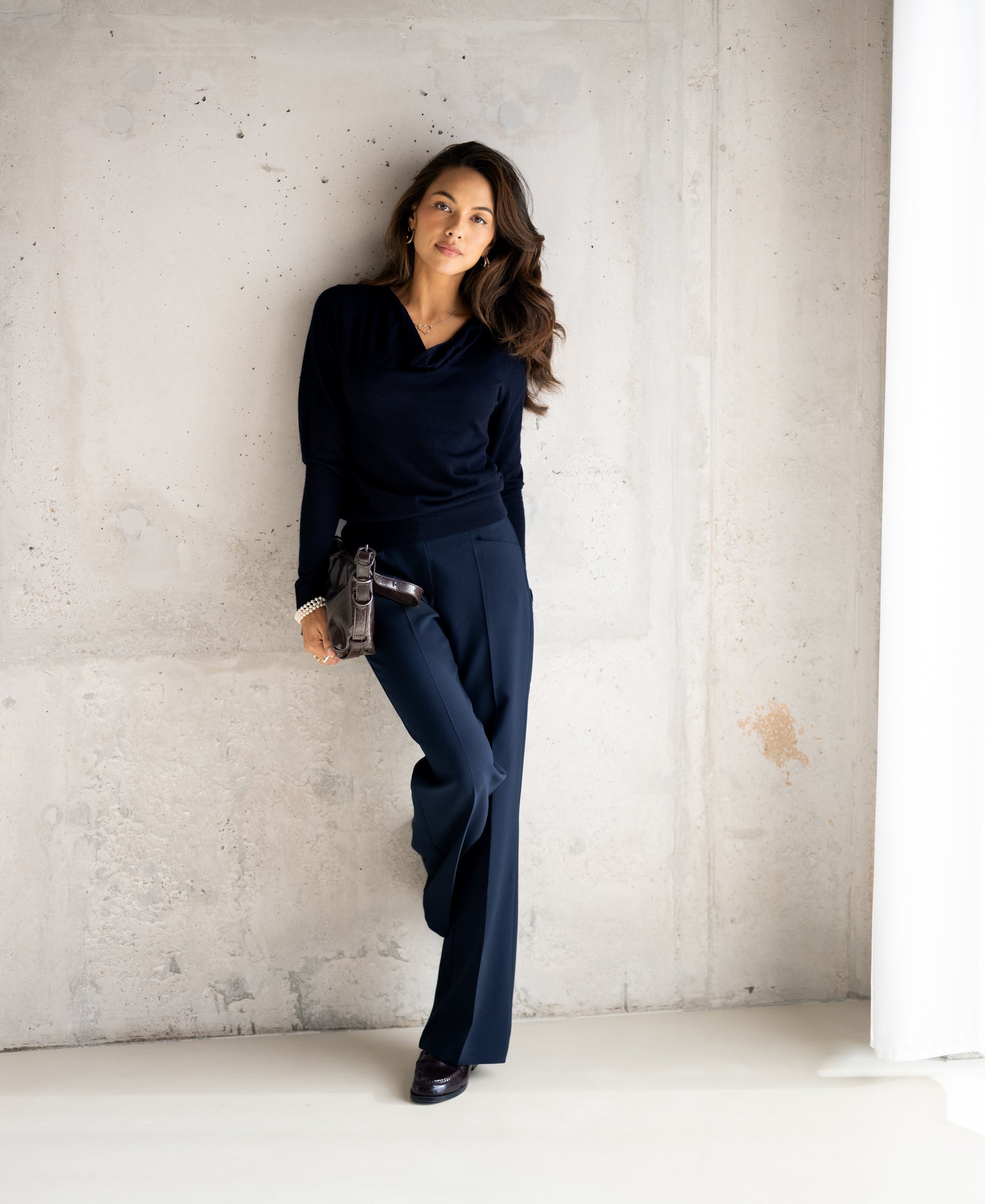 Dark blue PLEIN PUBLIQUE sweater with waterfall neckline.