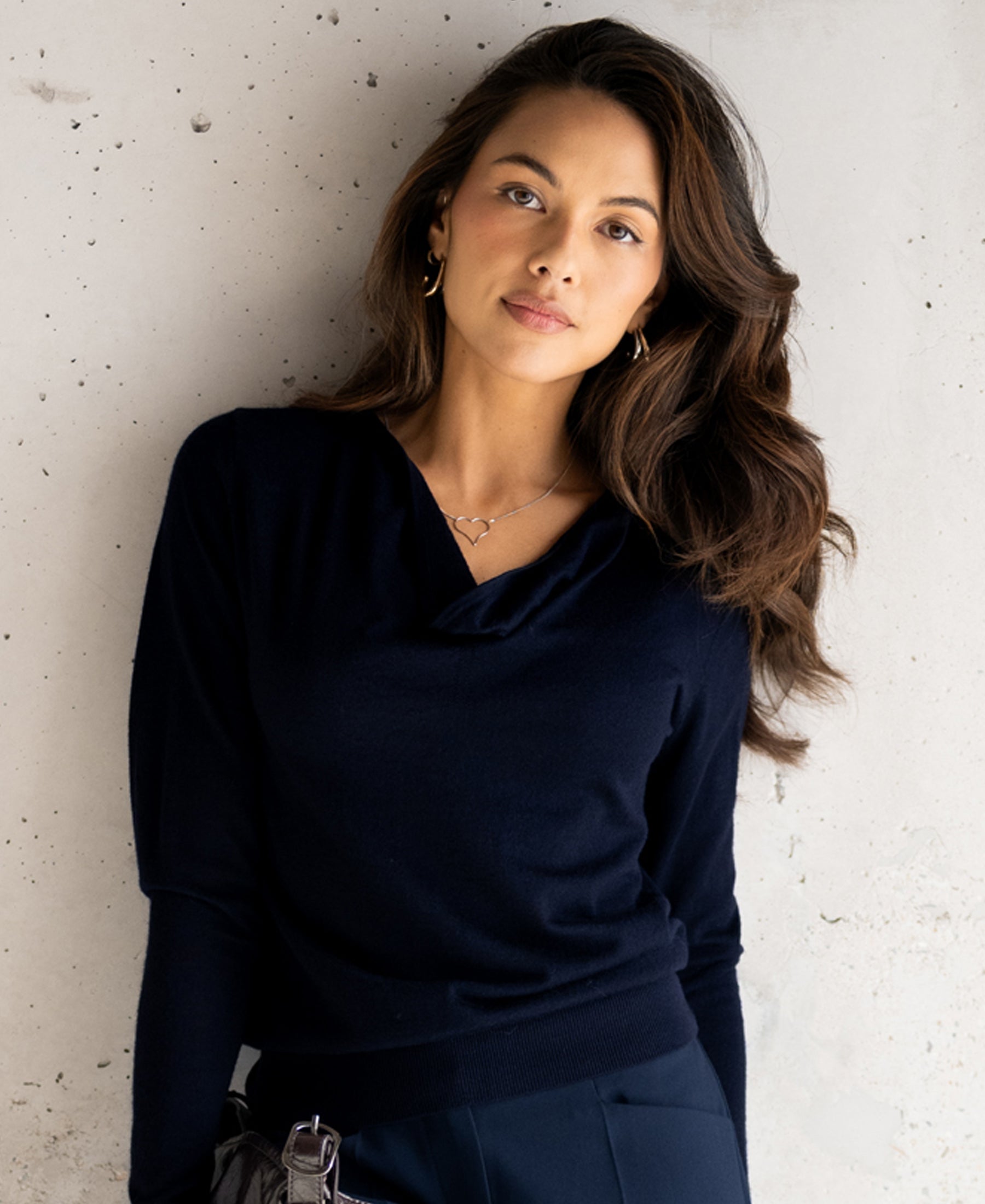 Navy blue PLEIN PUBLIQUE waterfall neck sweater, front view.