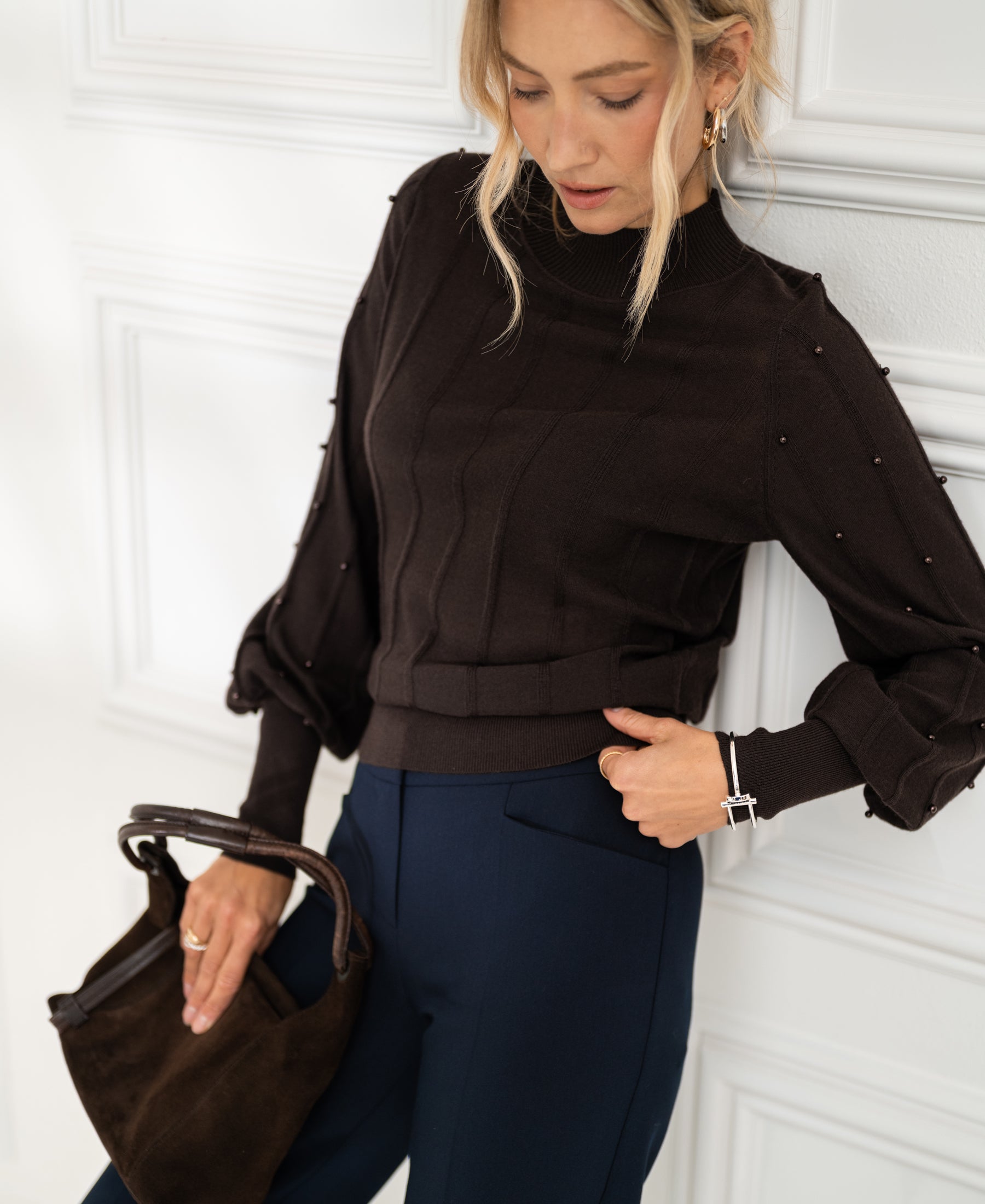 Brown beaded turtleneck sweater LA CENTAINE Pure Choco by PLEIN PUBLIQUE.