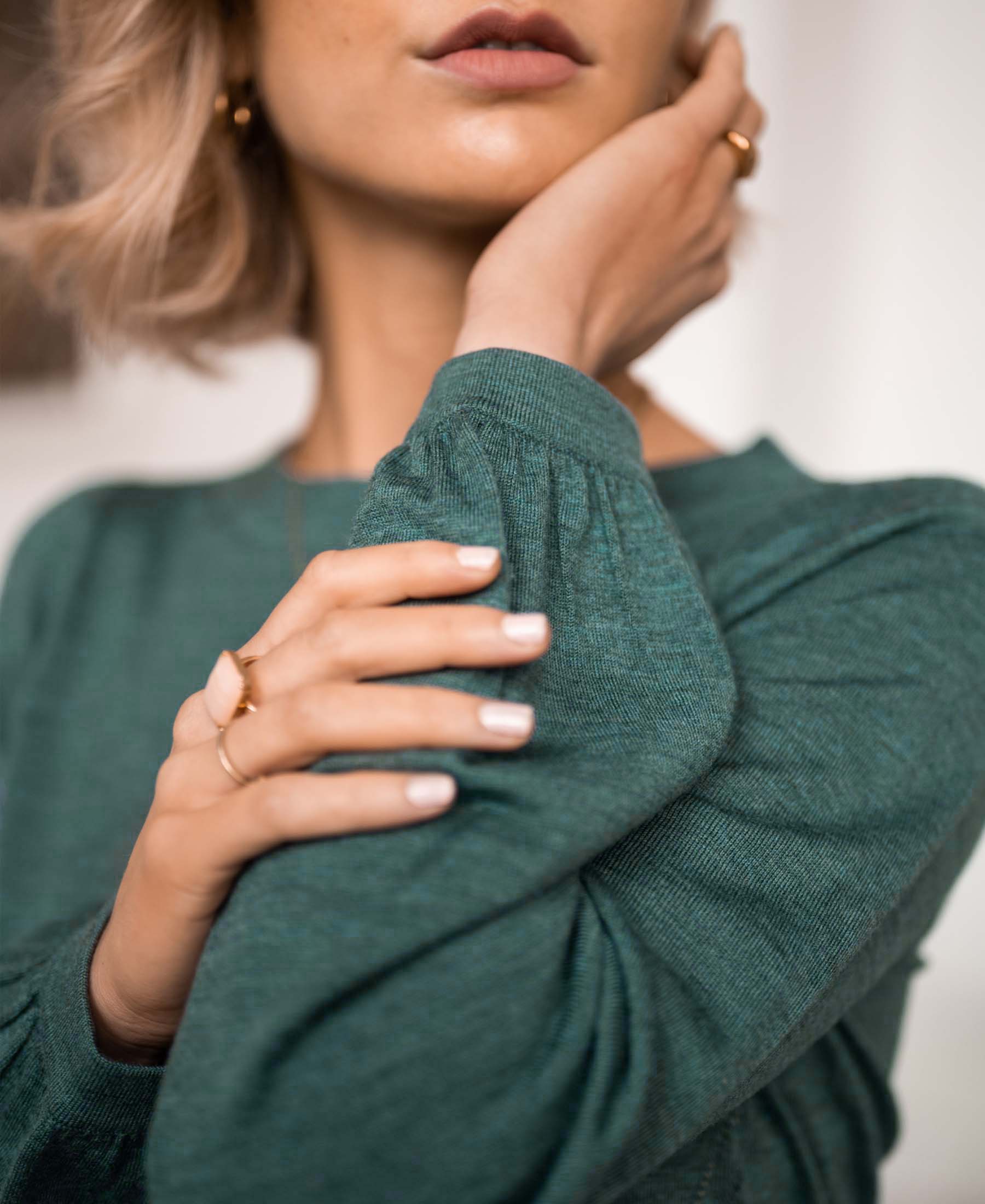 Greenish LA COEUR merino wool sweater by PLEIN PUBLIQUE, shown on a model.