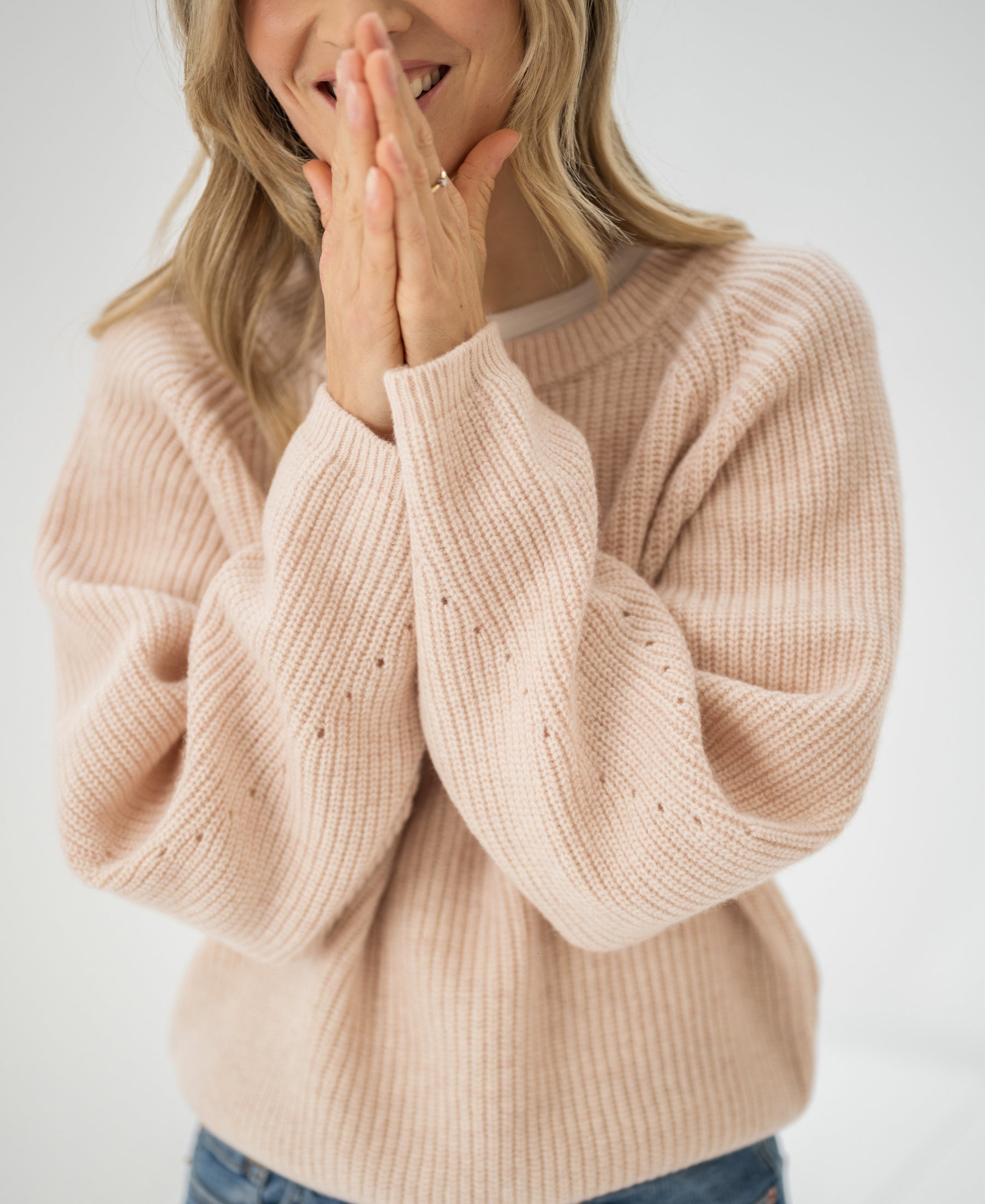 Blush pink merino wool sweater LE DIJON by PLEIN PUBLIQUE shown against a light background.
