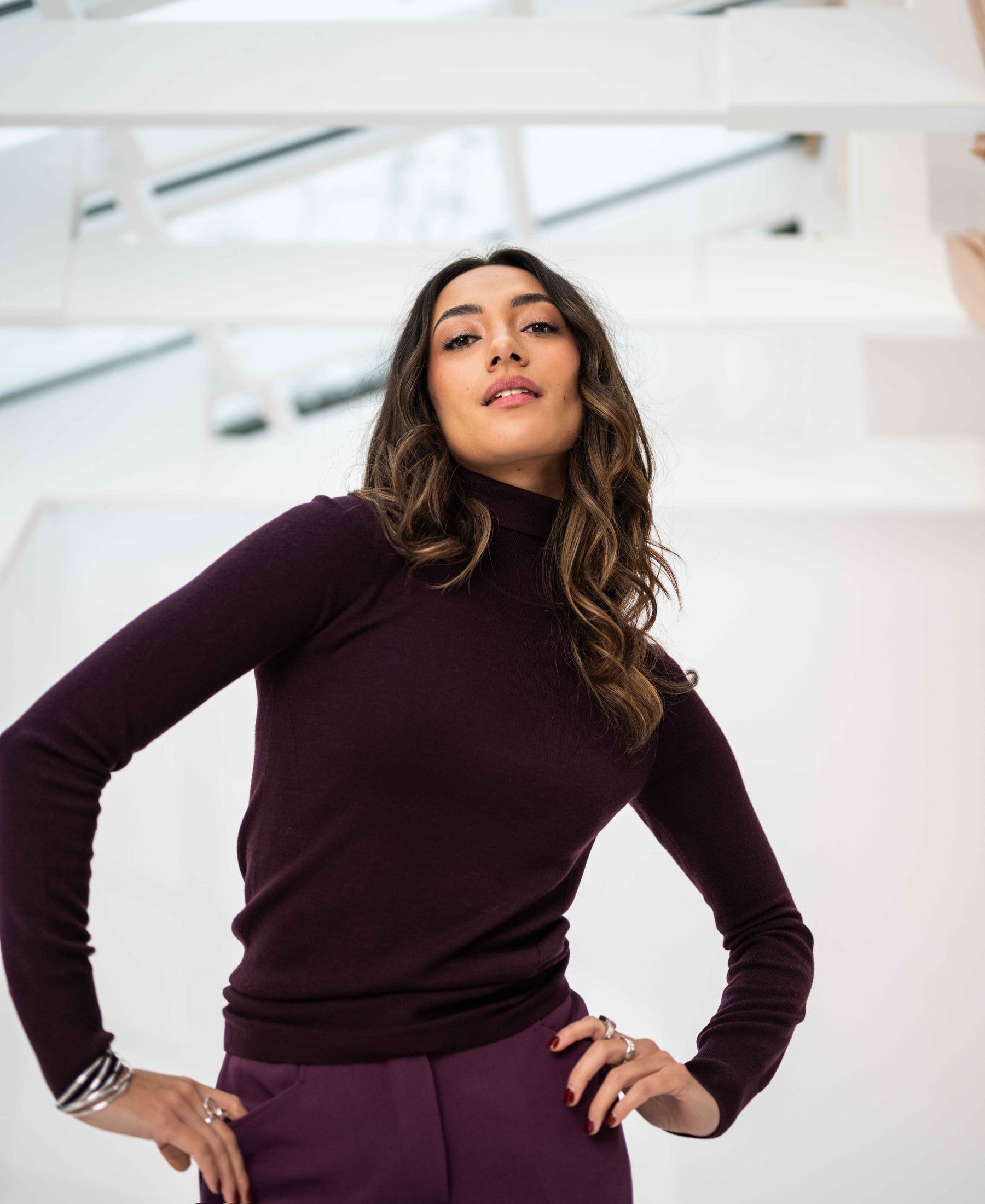 Aubergine PLEIN PUBLIQUE Merino wool turtleneck sweater LA FORTE shown on model.