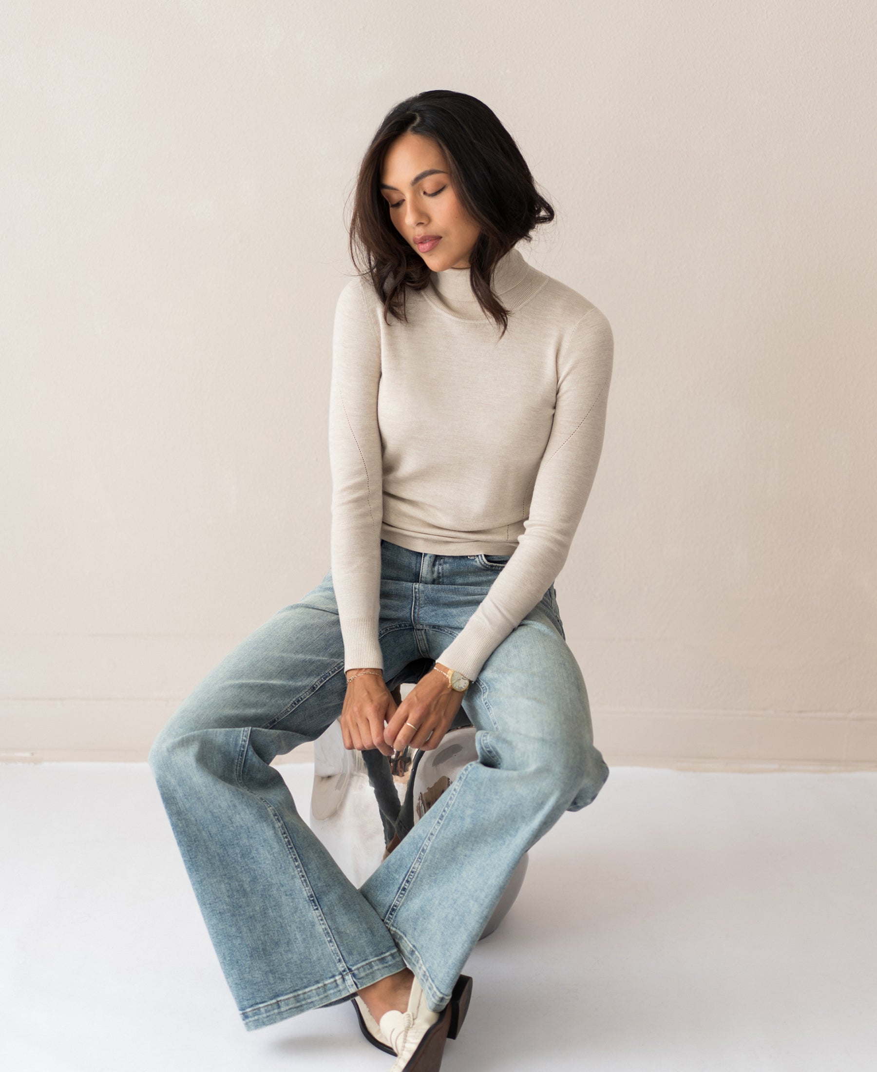 Merino turtleneck sweater LA FORTE Beige by PLEIN PUBLIQUE, shown in beige.