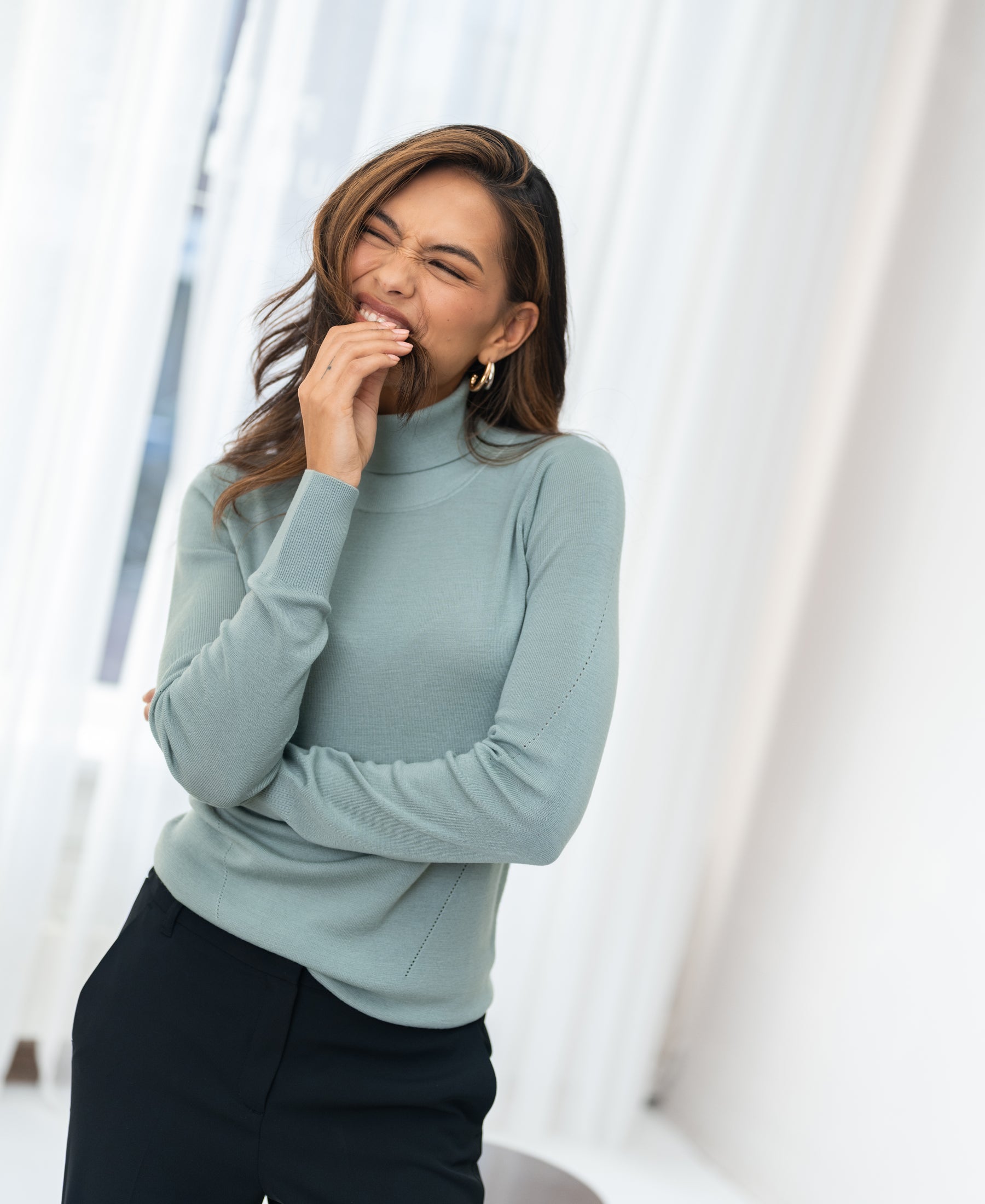 Sage green merino wool turtleneck sweater LA FORTE by PLEIN PUBLIQUE.