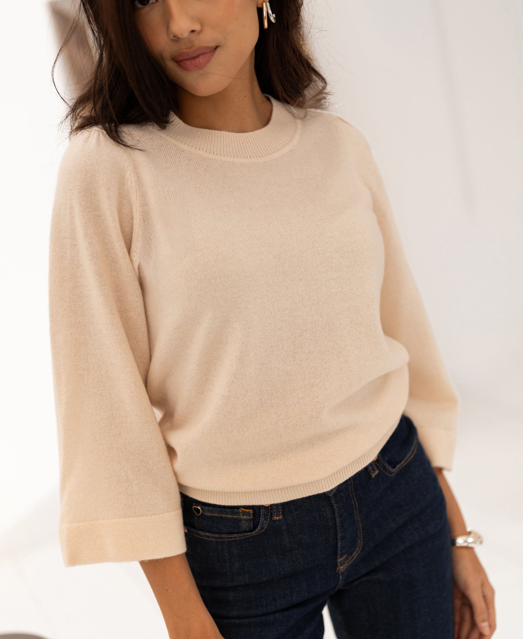 PLEIN PUBLIQUE LE FREJUS Merino sweater in Butter with three-quarter kimono sleeves.