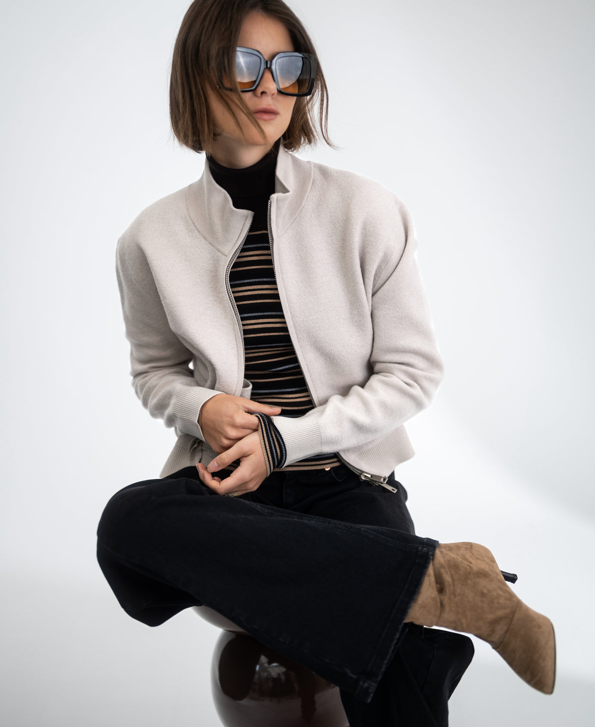 LE FRESCO Striped Merino Turtleneck, Choco - Black