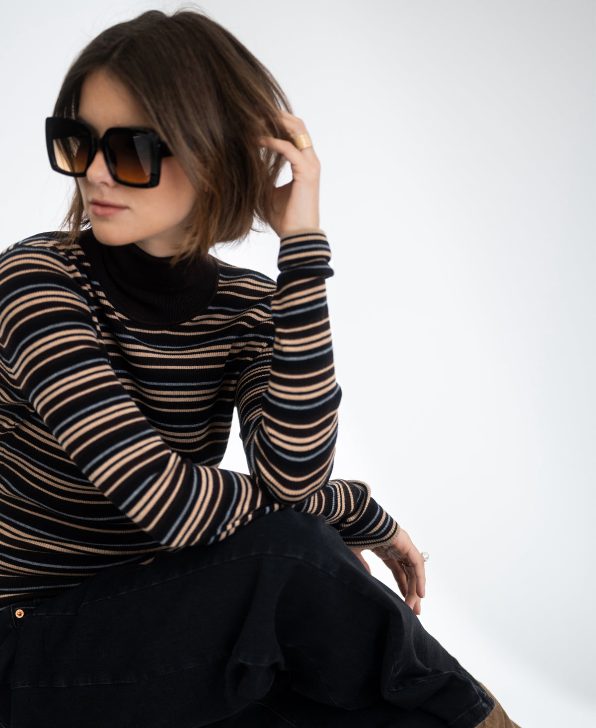 LE FRESCO Striped Merino Turtleneck, Choco - Black