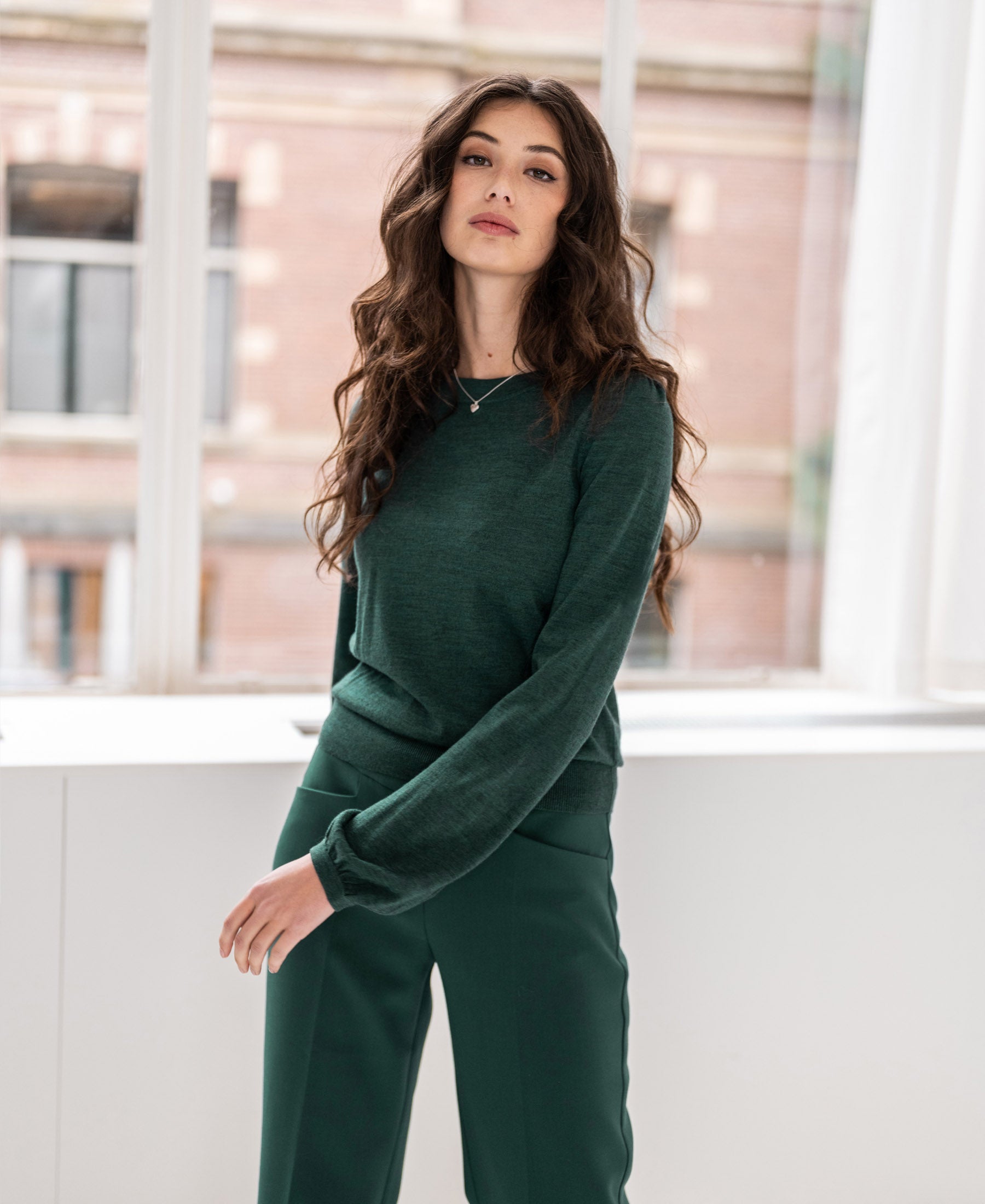 Greenish merino wool sweater by PLEIN PUBLIQUE displayed indoors near large windows.