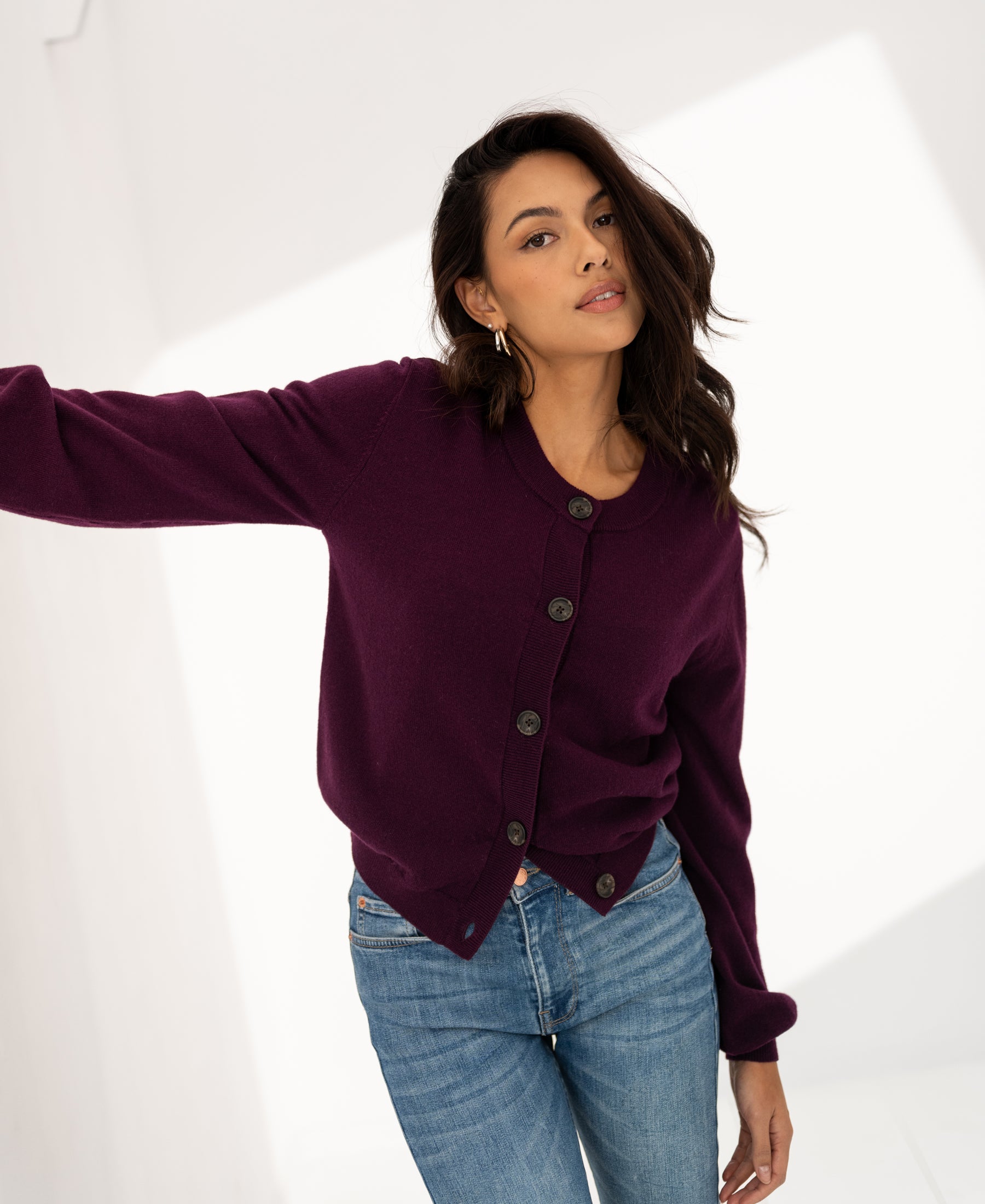 Dark cassis round neck vest by PLEIN PUBLIQUE, LA LEA style, shown for a chic, cozy look.