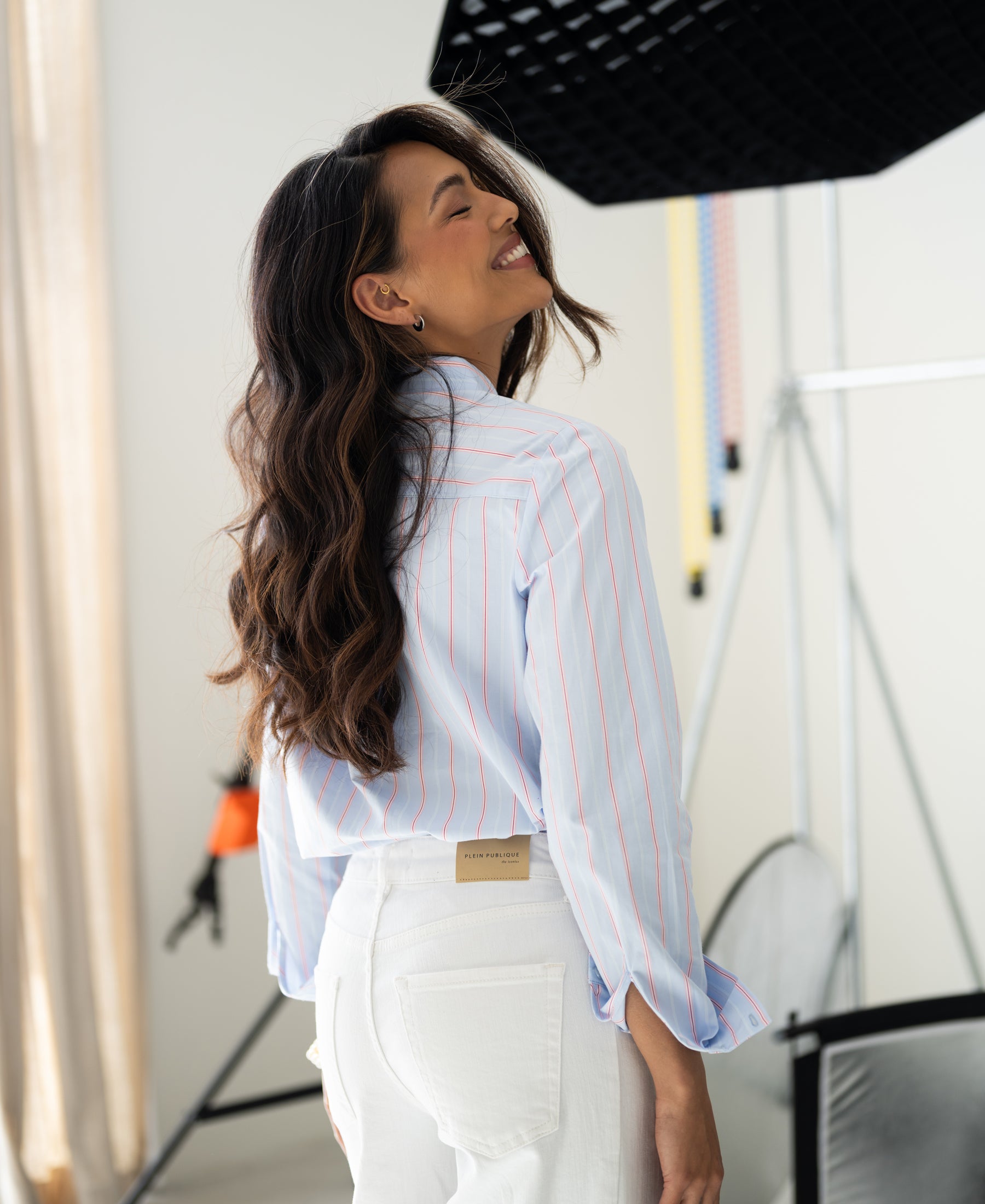 Striped blouse in light blue and coral by PLEIN PUBLIQUE, LA LOIRE style.
