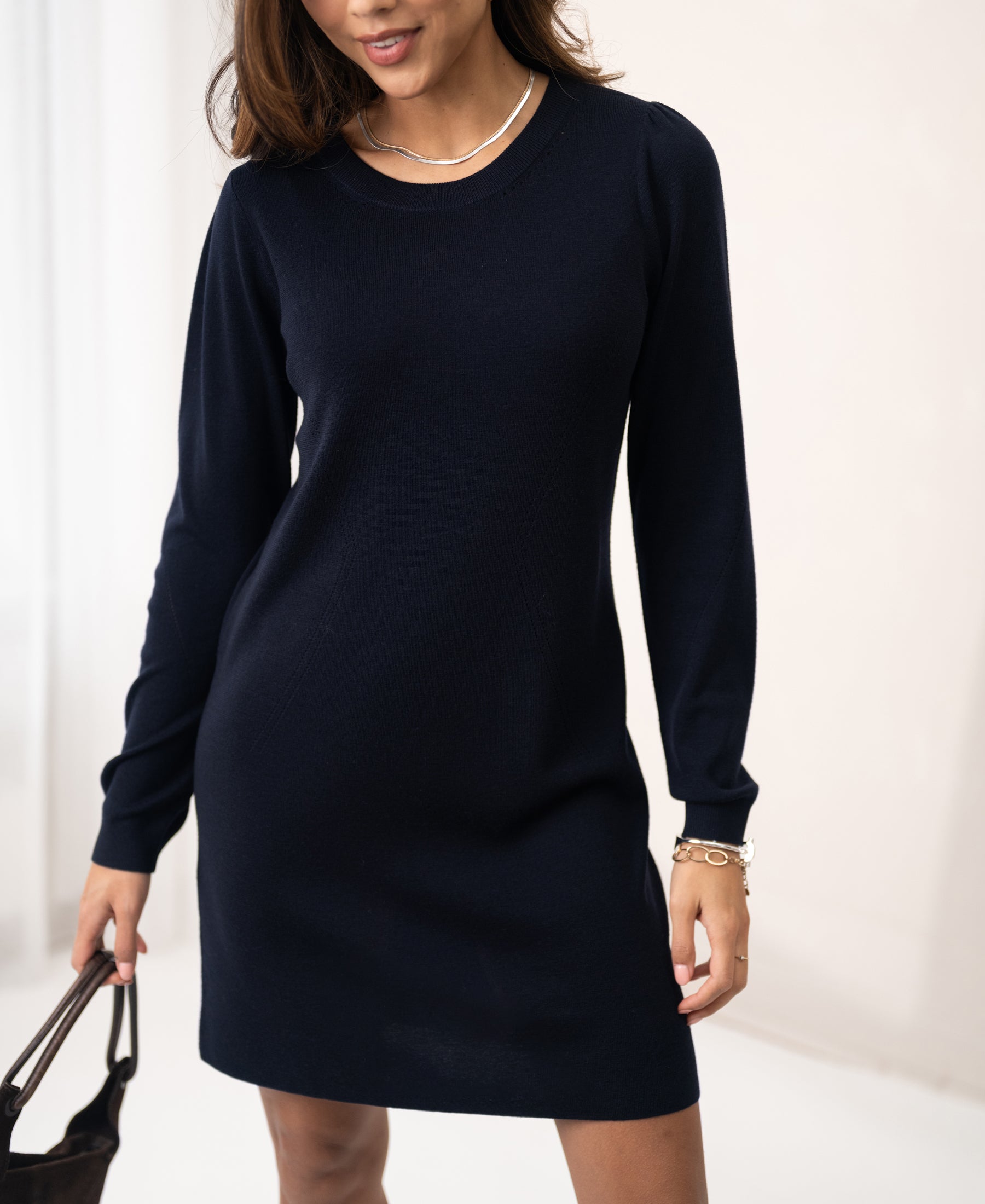 Navy blue merino wool dress by PLEIN PUBLIQUE LA MIMI shown against a light background.