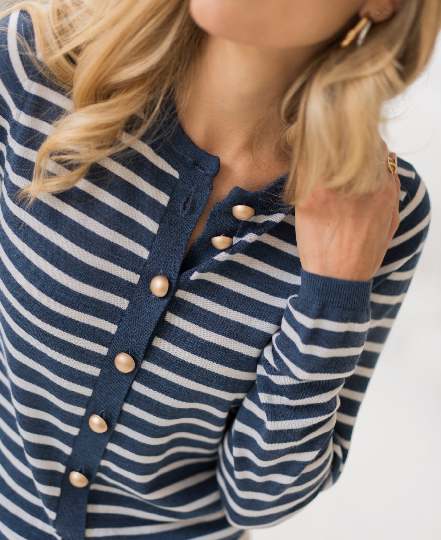 Front view of the LA MONACO denim-ivory striped cardigan by PLEIN PUBLIQUE.