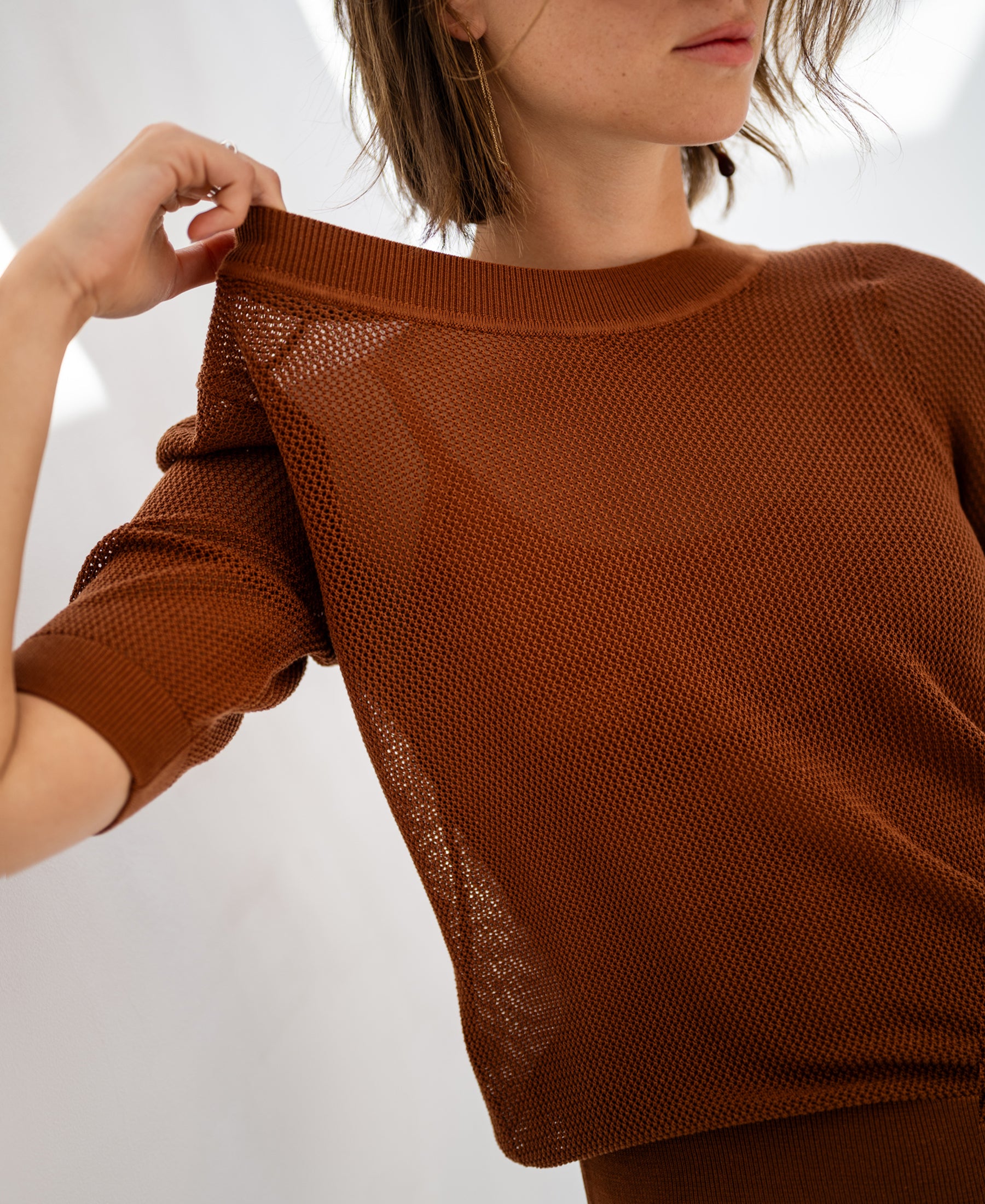 PLEIN PUBLIQUE mesh sweater with silk in Havana color, collar lifted, shown against a light background.