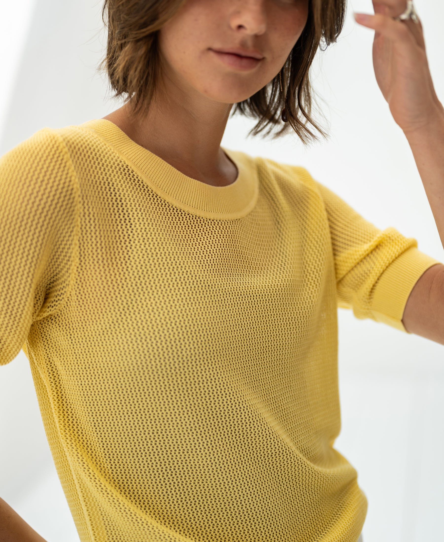 Citron yellow mesh sweater with silk, cropped at the waist, shown in soft lighting.