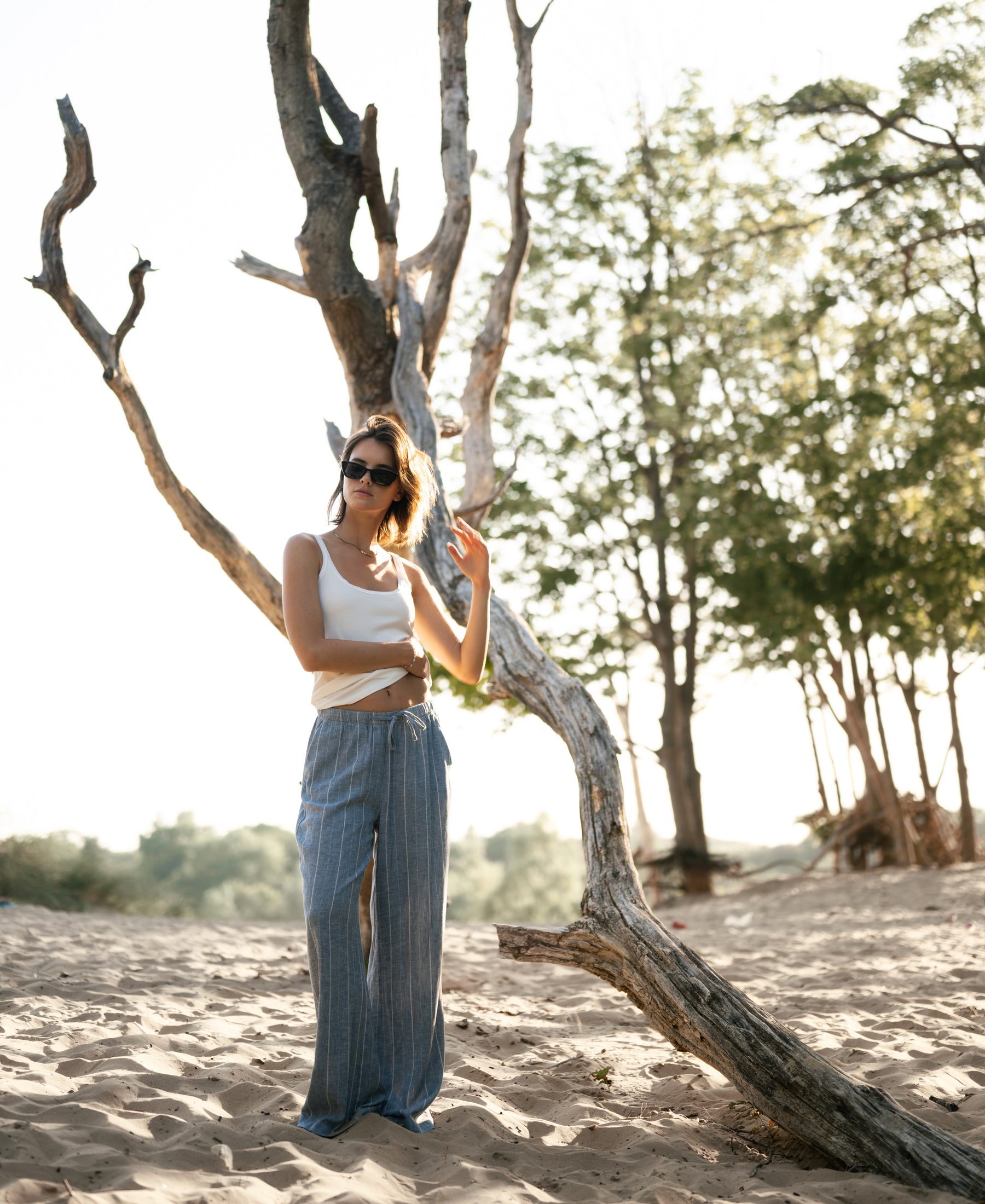 Striped linen-blend trousers in jeans blue by PLEIN PUBLIQUE, shown on sandy ground.