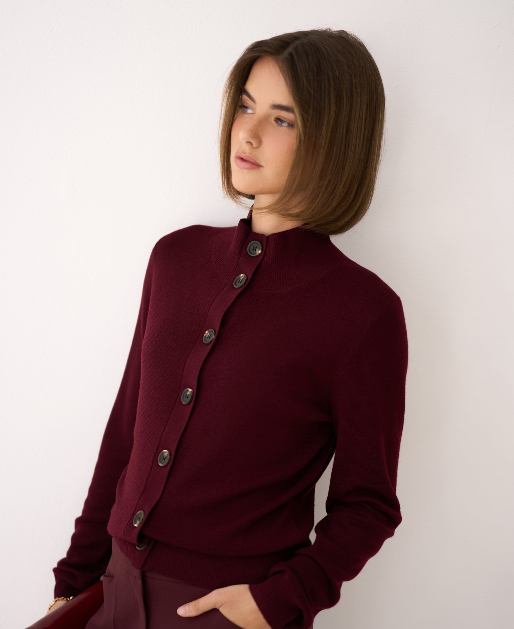 Merino wool turtleneck cardigan LES SEIZE Bordeaux