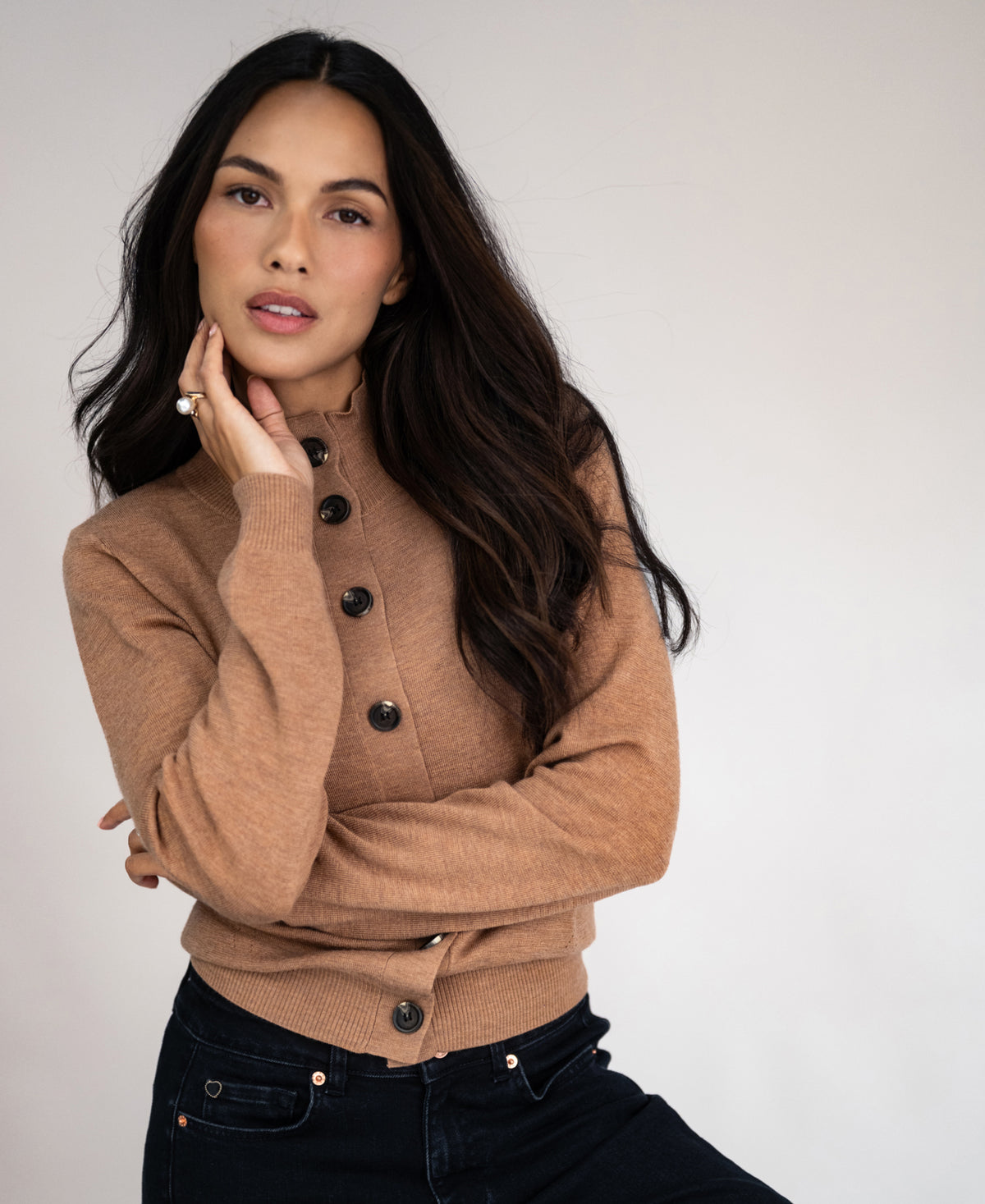 Merino-Strickjacke mit Stehkragen LES SEIZE Chai tea