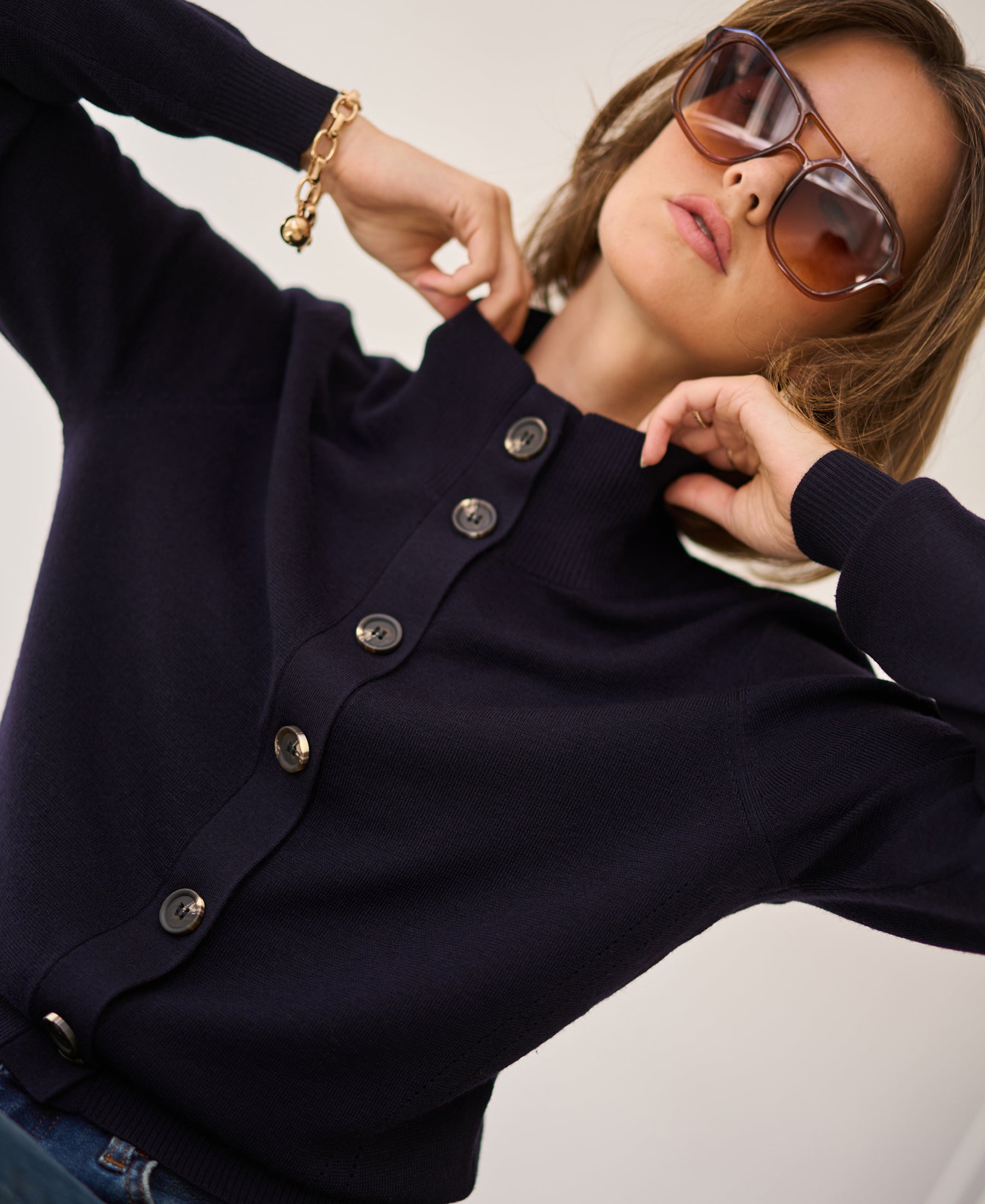 Merino wool turtleneck cardigan LES SEIZE Dark blue