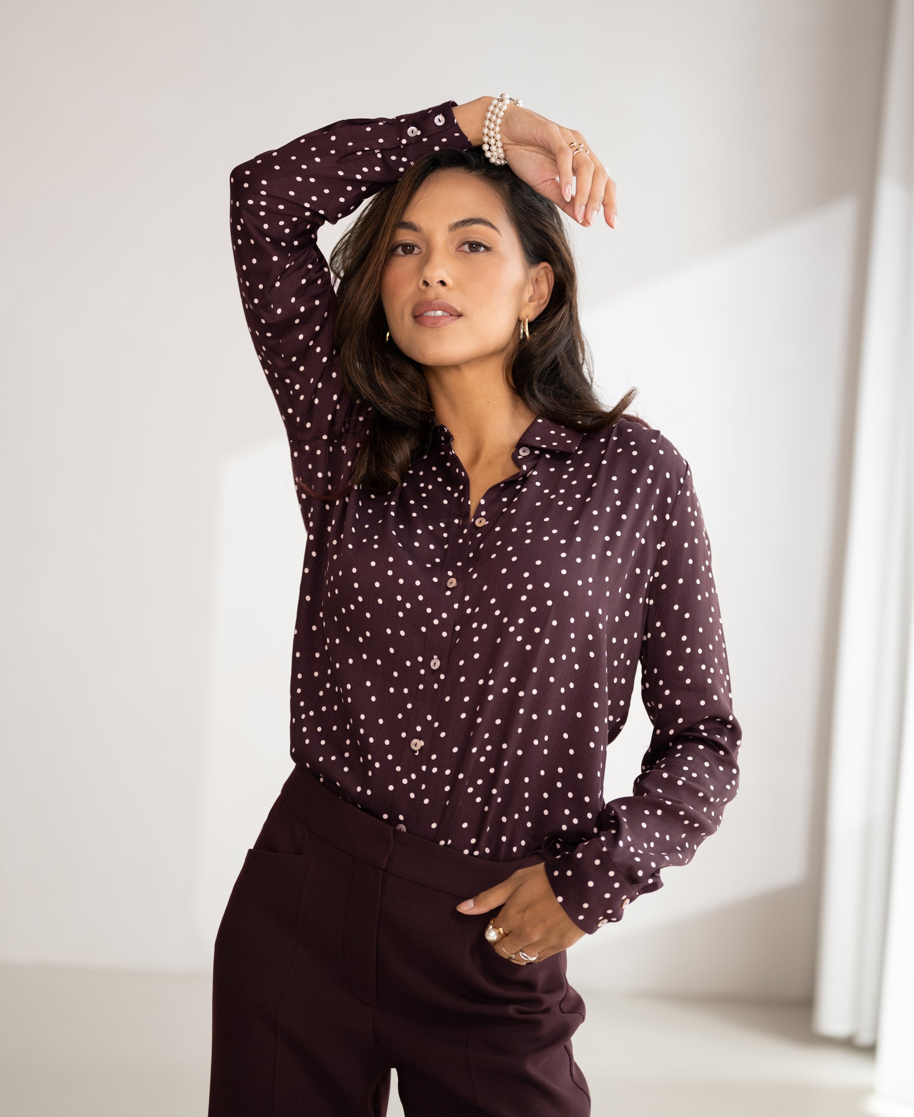 LA SEZANNE Polka-Dot Blouse, Wine Red - Ivory