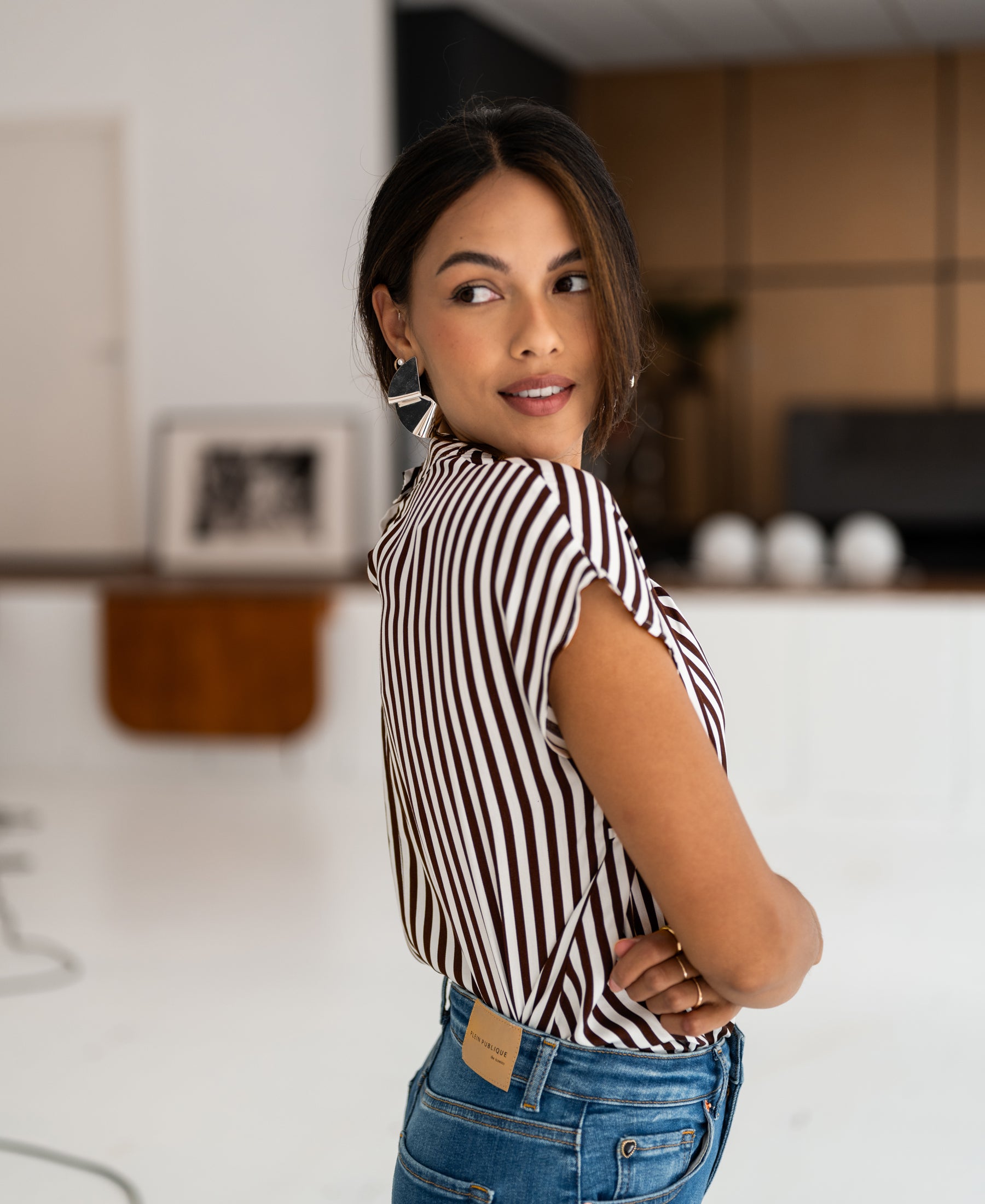 PLEIN PUBLIQUE LA SILOU ivory-cocoa striped blouse top, shown indoors.