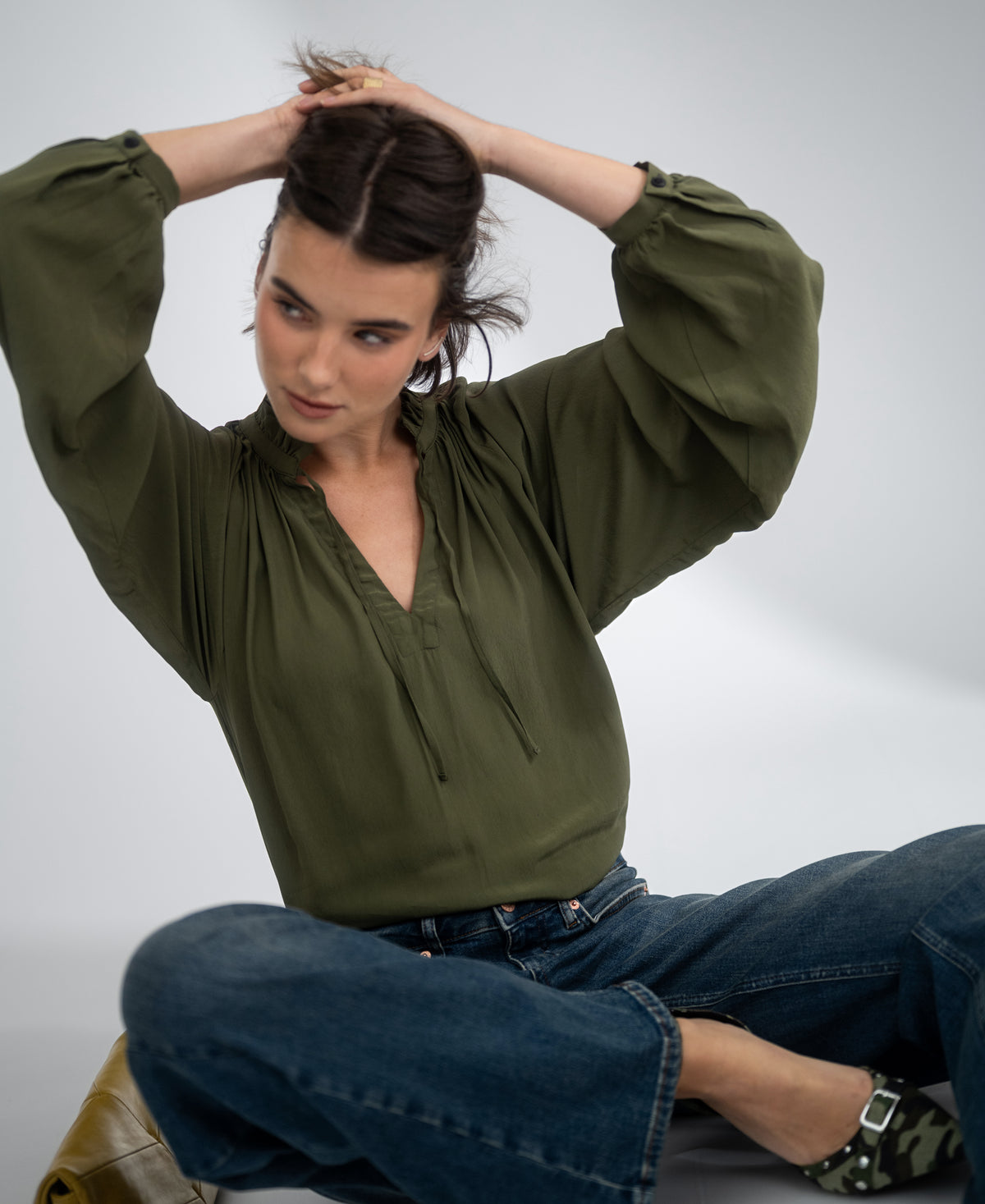 Blouse met strikkoordjes LA SOLENE Donker Olijfgroen