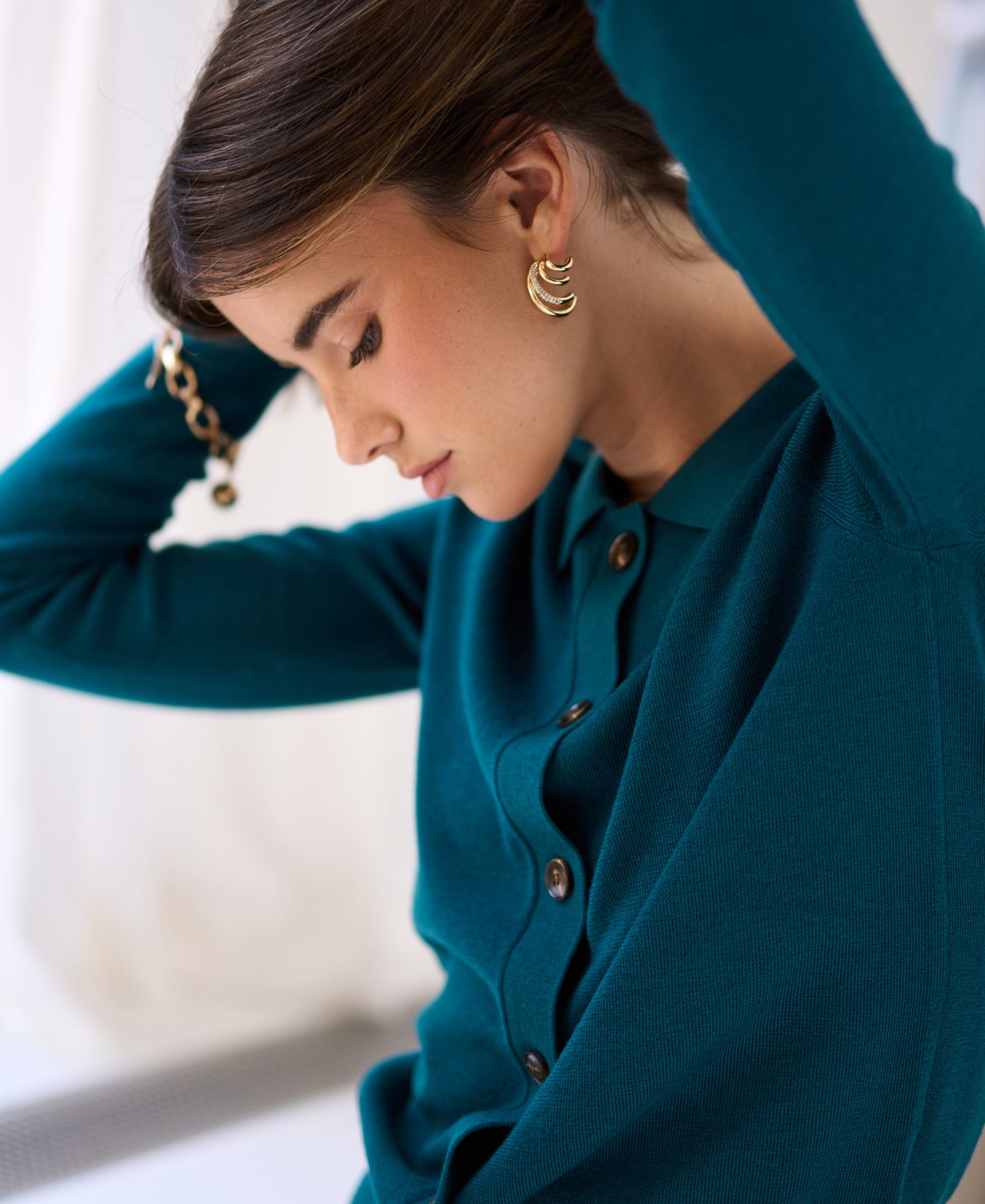 LES TREIZE Dark Teal Polo-Neck Cardigan