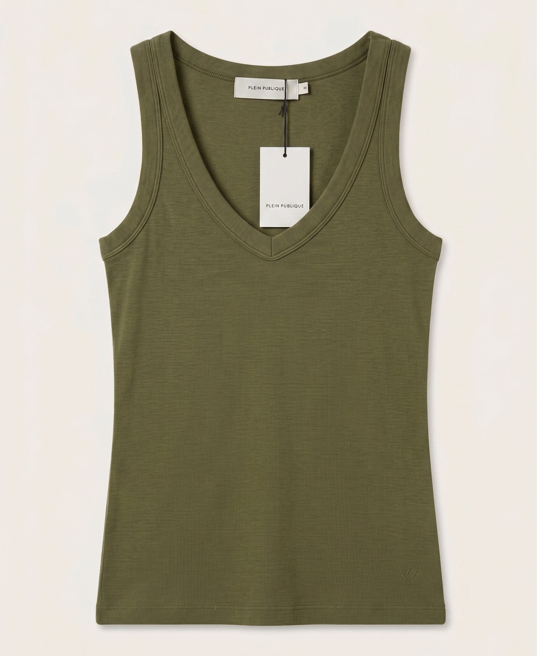 PLEIN PUBLIQUE luxury soft olive green sleeveless stretch rib jersey top, tag attached, flat lay.
