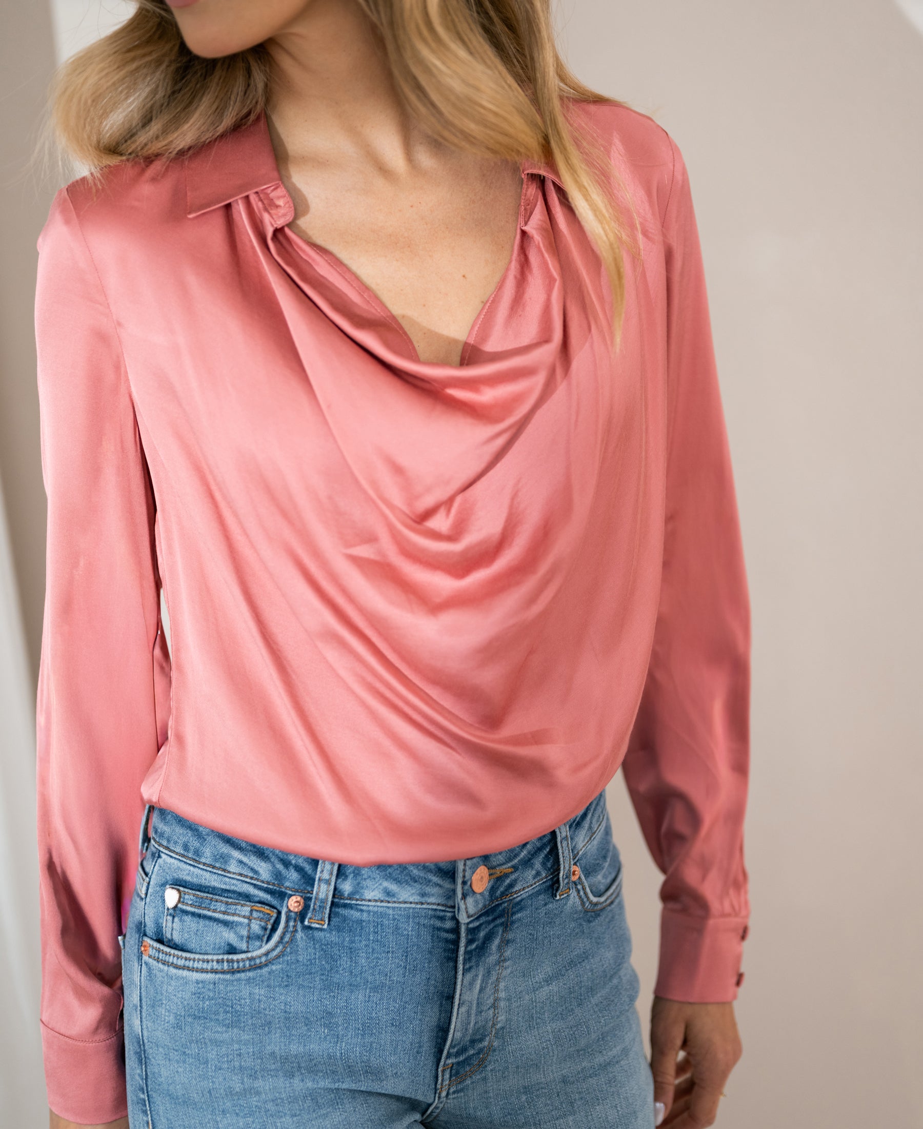 Dusty pink satin stretch blouse in a classic style.