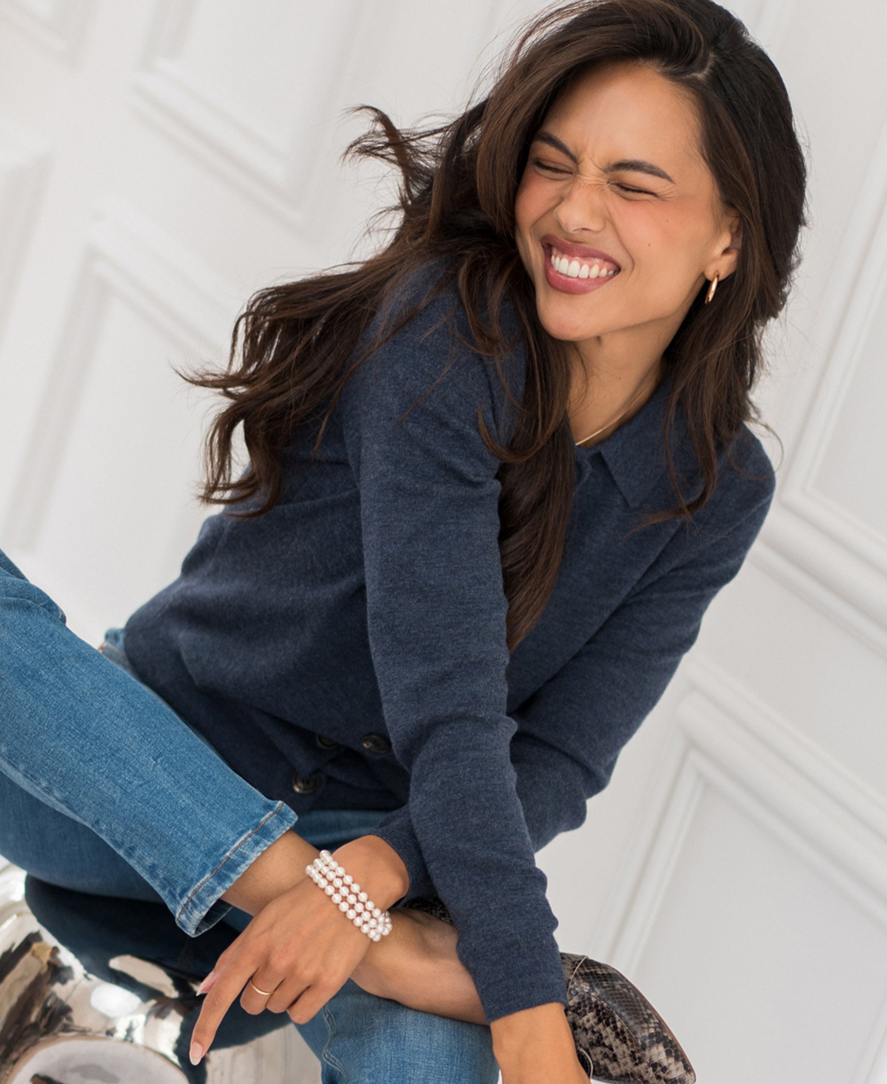 Indigo blue knit polo collar sweater by PLEIN PUBLIQUE, LES VINGT collection.