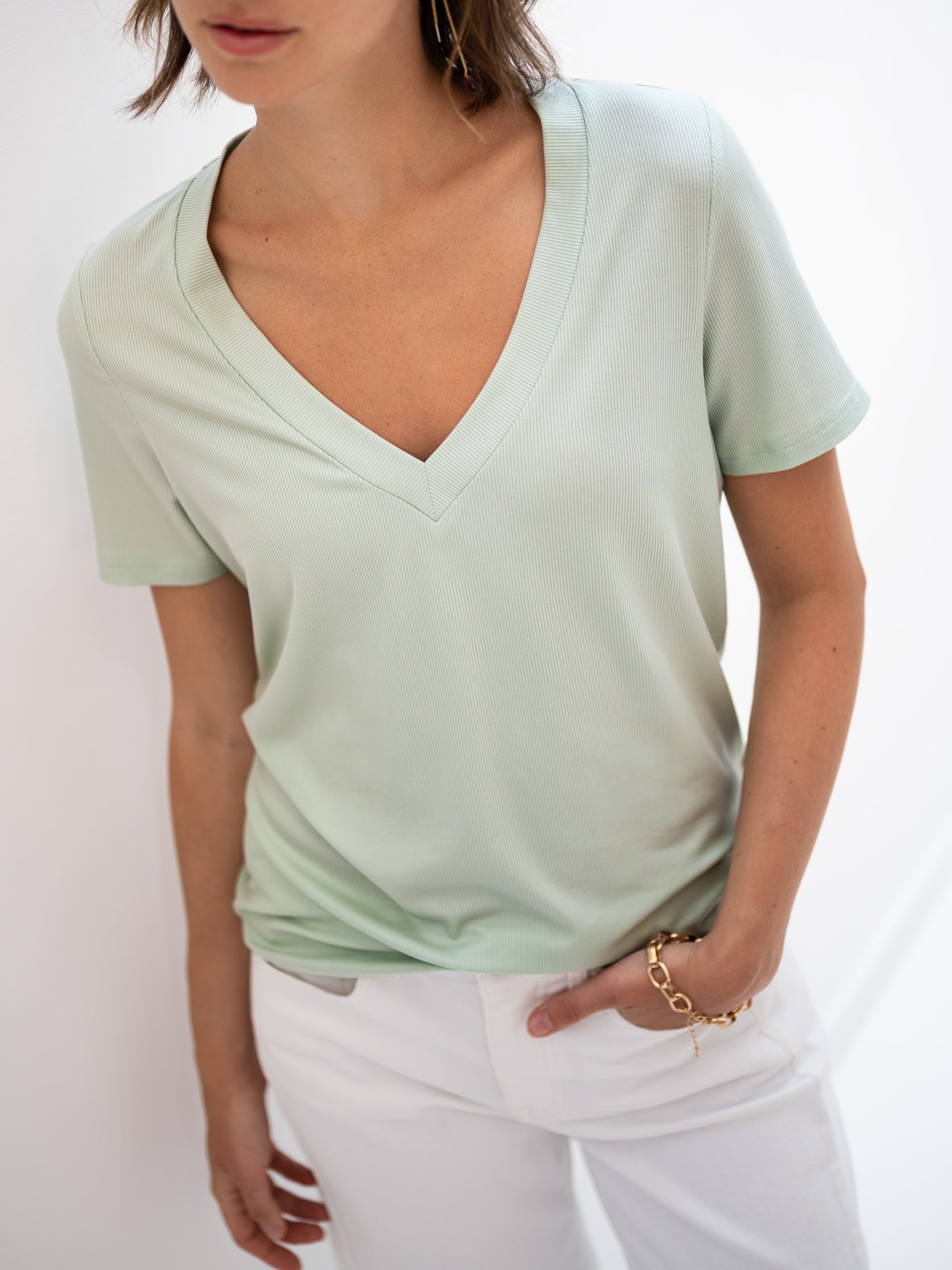 Relaxed fit Lyocell T-shirt in light green by PLEIN PUBLIQUE, shown against a white background.