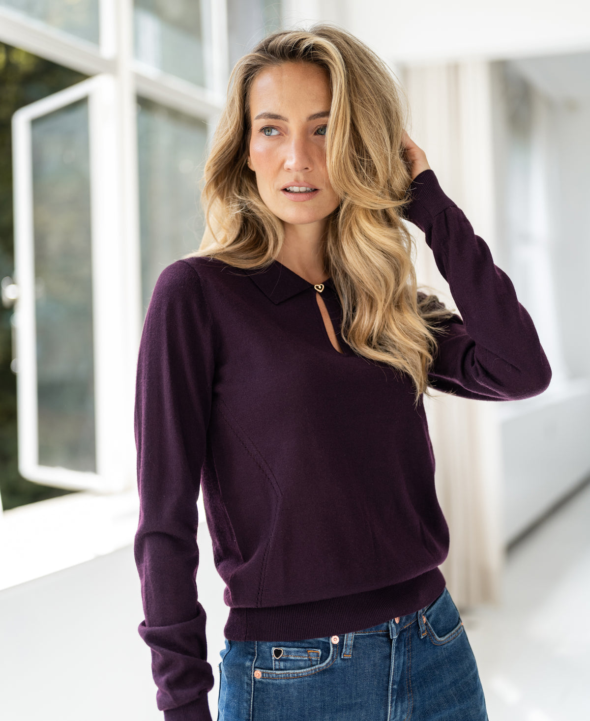 Merino Sweater with Polo Collar LA ADÈLE Plum