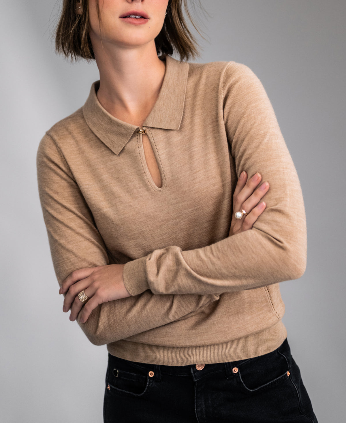 Merino Sweater with Polo Collar LA ADÈLE Soft Camel