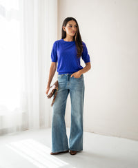 Blue Iris knit sweater with heart pattern, called LE BATTANT, by PLEIN PUBLIQUE.