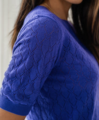 Blue Iris heart-patterned sweater with short sleeves and a subtle design, by PLEIN PUBLIQUE.