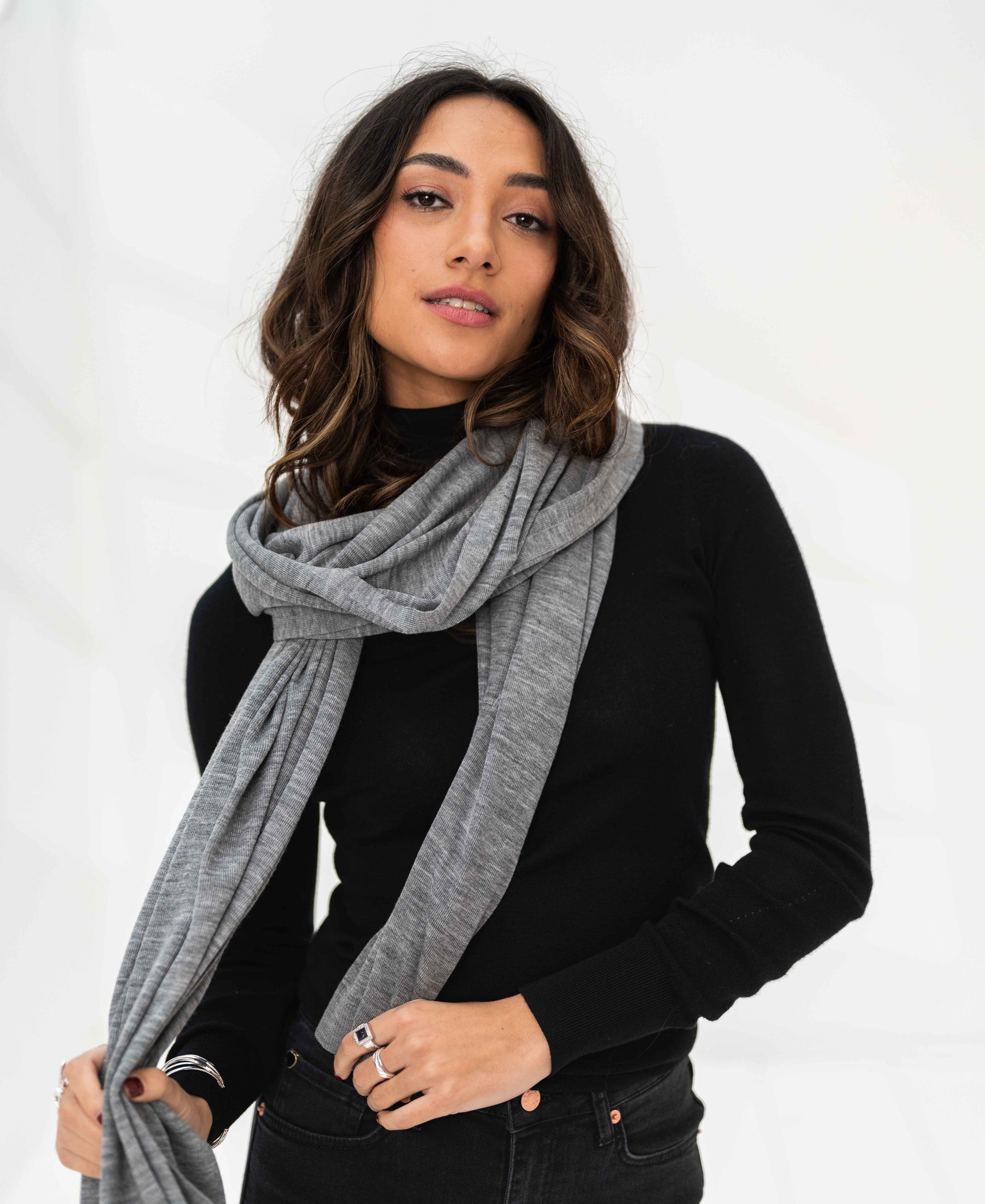Merino wool maxi scarf in mottled grey shown against a white background.