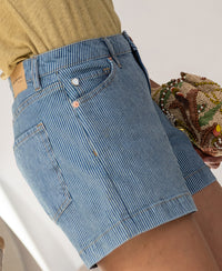 Blue and white striped shorts shown from the waist down.
