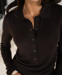Pure chocolate brown Merino wool polo shirt with long sleeves, shown from shoulders to waist.