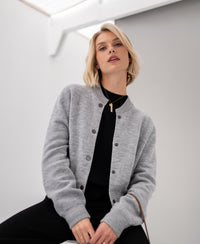 The PLEIN PUBLIQUE LA BOMBA gray melange bomber jacket shown from the front.