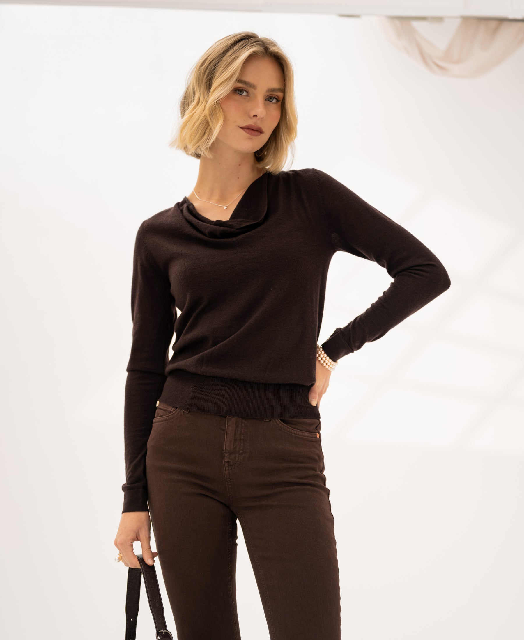 Dark chocolate-colored LA CASCADE waterfall-neck sweater by PLEIN PUBLIQUE.