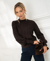 LA CENTAINE Pure Choco beaded turtleneck sweater by PLEIN PUBLIQUE in brown, front view.
