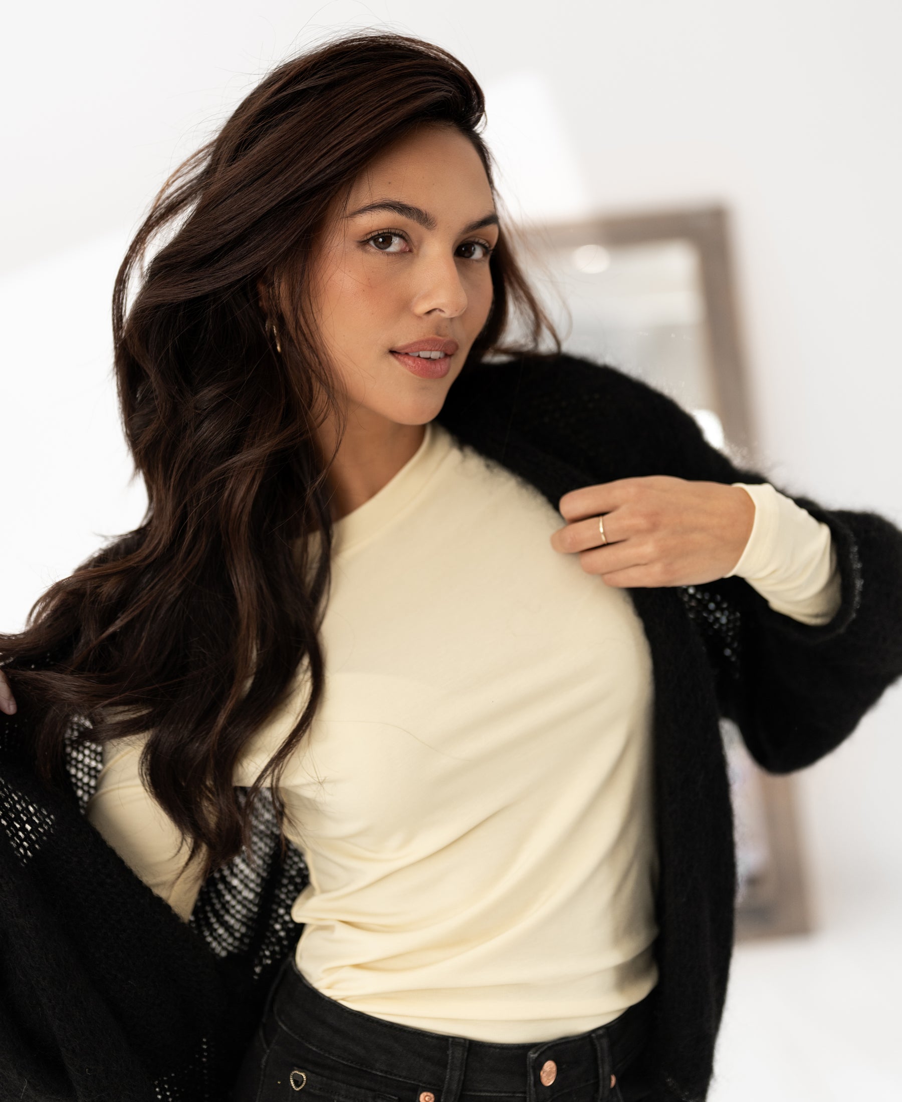 Soft yellow luxe long sleeve T-shirt in cotton, shown indoors.