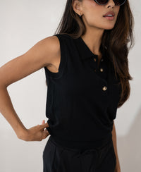Sleeveless black polo sweater with gold buttons from LE CLUB by Plein Publique.