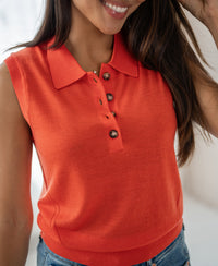 Sleeveless fine-knit polo top LE CLUB Coral by PLEIN PUBLIQUE, orange, with buttons.