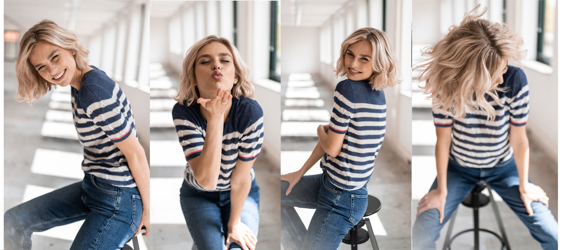Striped women's shirt shown on model, front view.