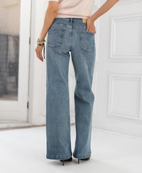Rear view of wide leg jeans in light stone wash.