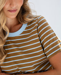 Striped gold yellow and light blue womens T-shirt by PLEIN PUBLIQUE, shown from shoulders up.