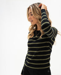Black and army green long-sleeve top, shown on a model against a white background.