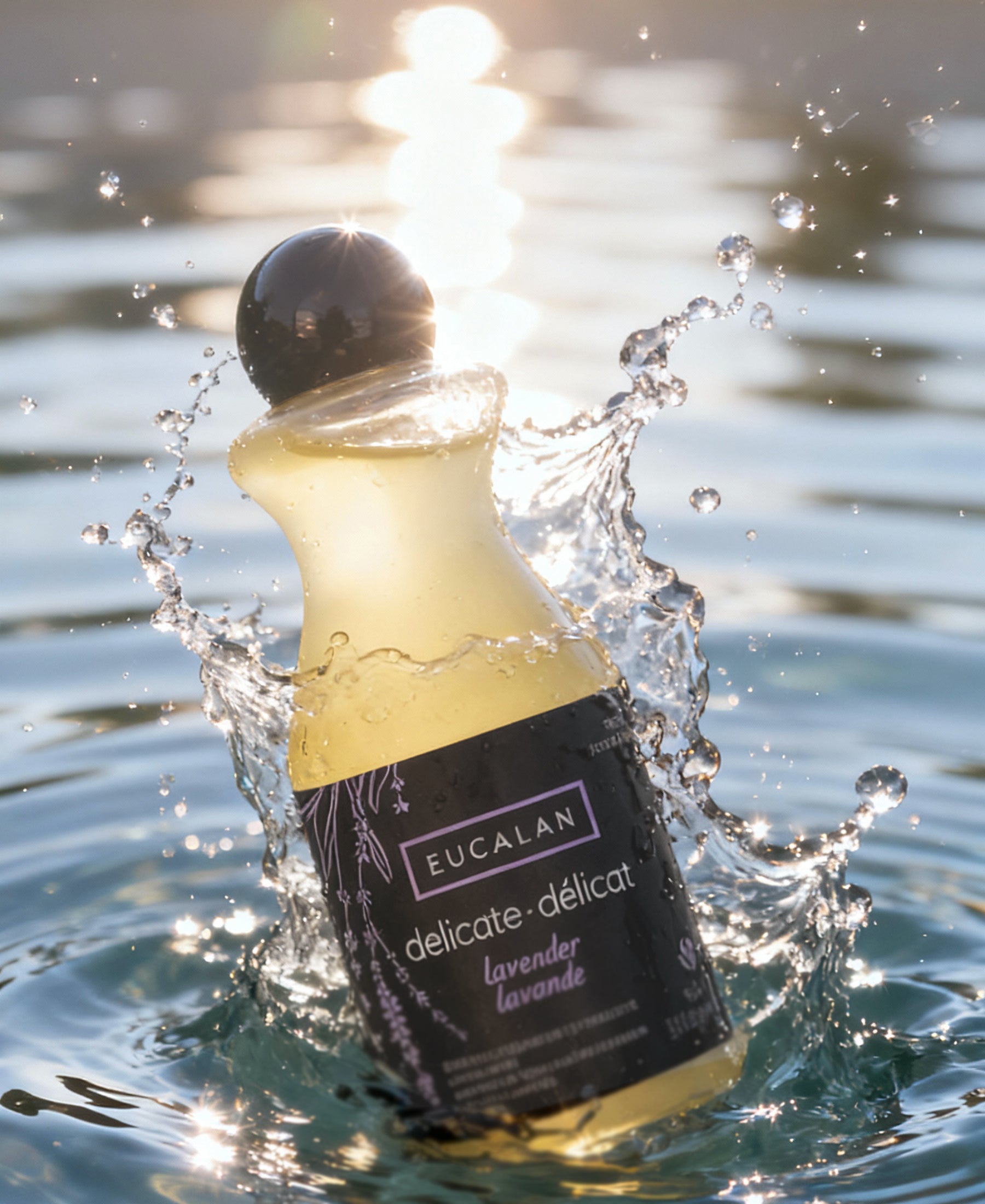 A bottle of PLEIN PUBLIQUE Eucalan Lavender Wool Wash 100ml stands upright in sunlit water.