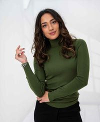 PLEIN PUBLIQUE Merino wool olive green turtleneck sweater displayed in a white room.