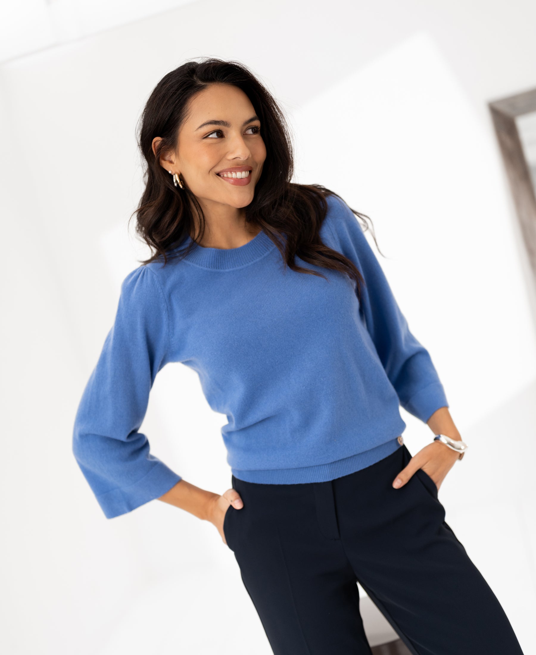 Lavender-blue LE FREJUS merino wool sweater with 3/4 kimono sleeves.